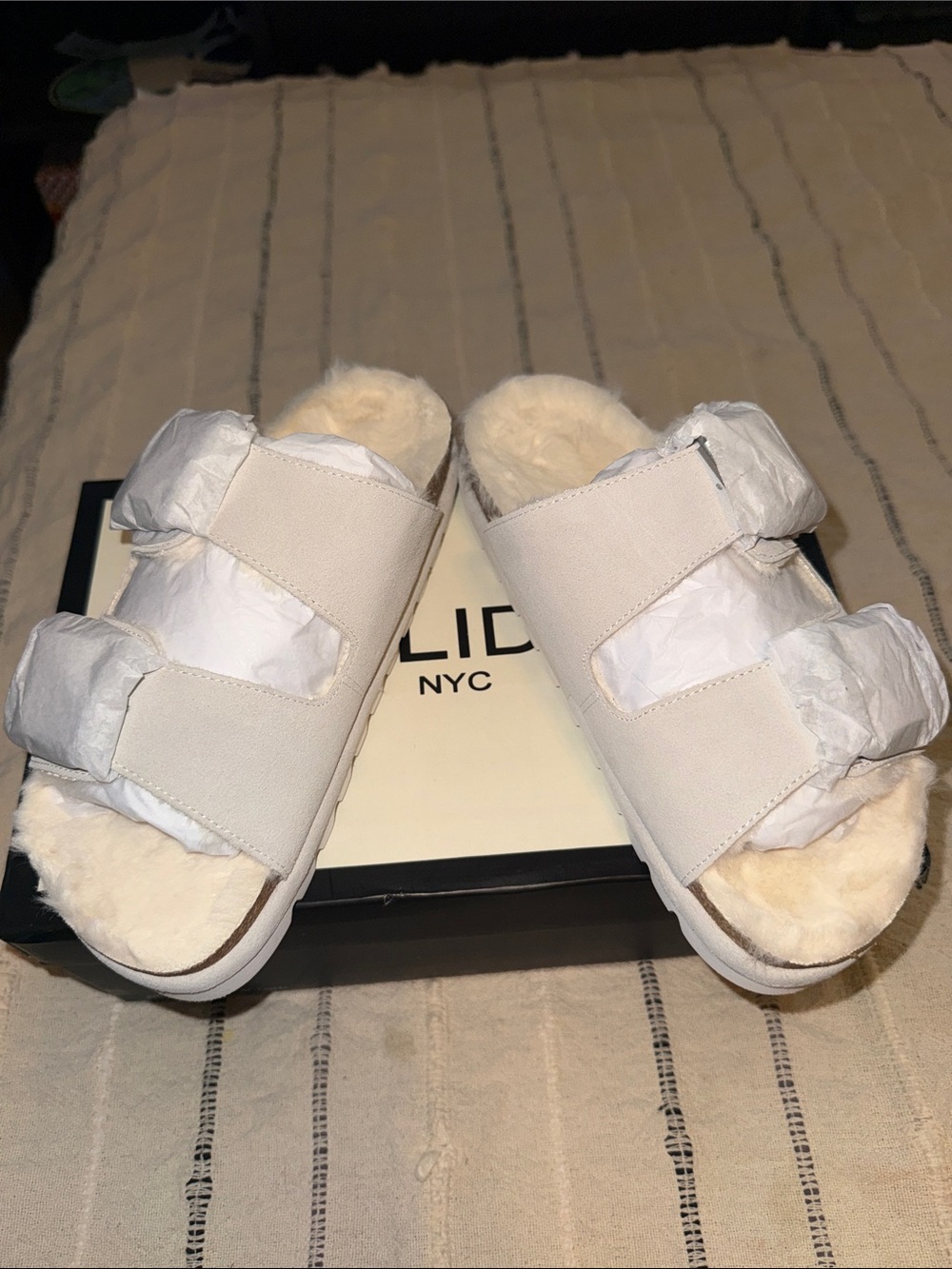 J Slides Blush Suede Shearling Buckle Slide Mules